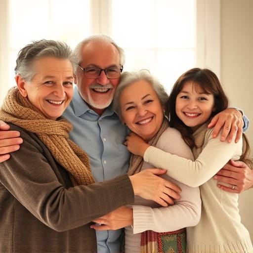 Avós, pais e netos reunidos em um abraäo coletivo, com um sorriso genuíno no rosto de cada um