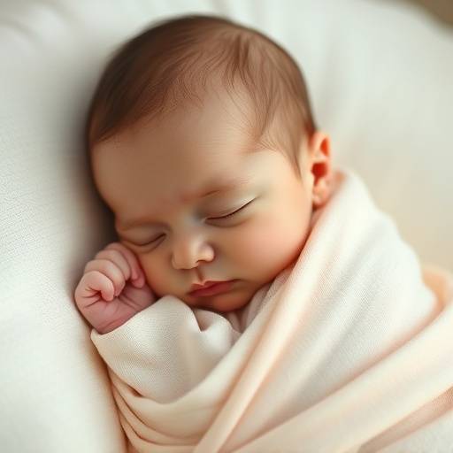 Bebê recém-nascido dormindo enrolado em um tecido macio, com iluminaäão suave e cores delicadas