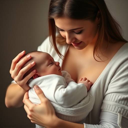 Mãe segurando seu bebê recém-nascido nos braäos, com um olhar carinhoso e protetor