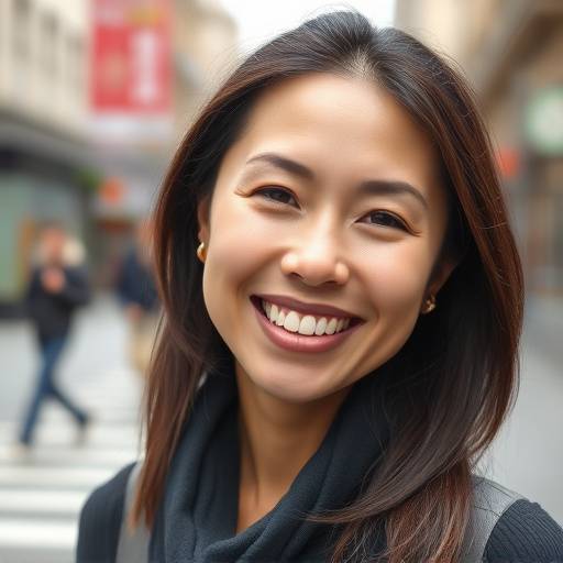 Retrato de uma mulher sorrindo em um ambiente urbano, com foco no rosto e fundo desfocado
