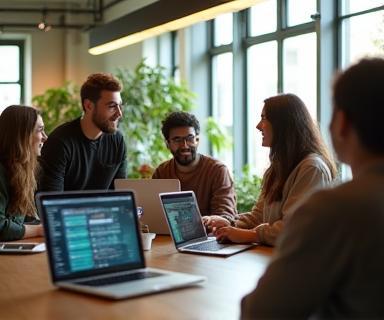 Equipe criativa planejando playlists em ambiente colaborativo moderno